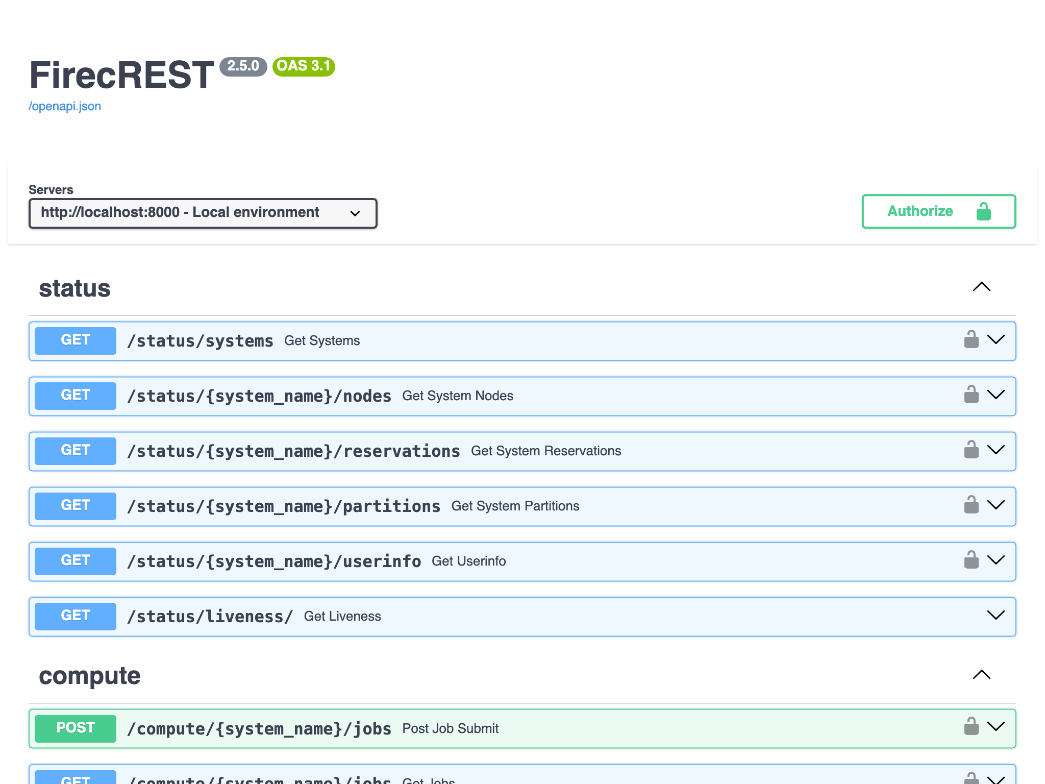 Screenshot of web browser showing FirecREST Swagger UI