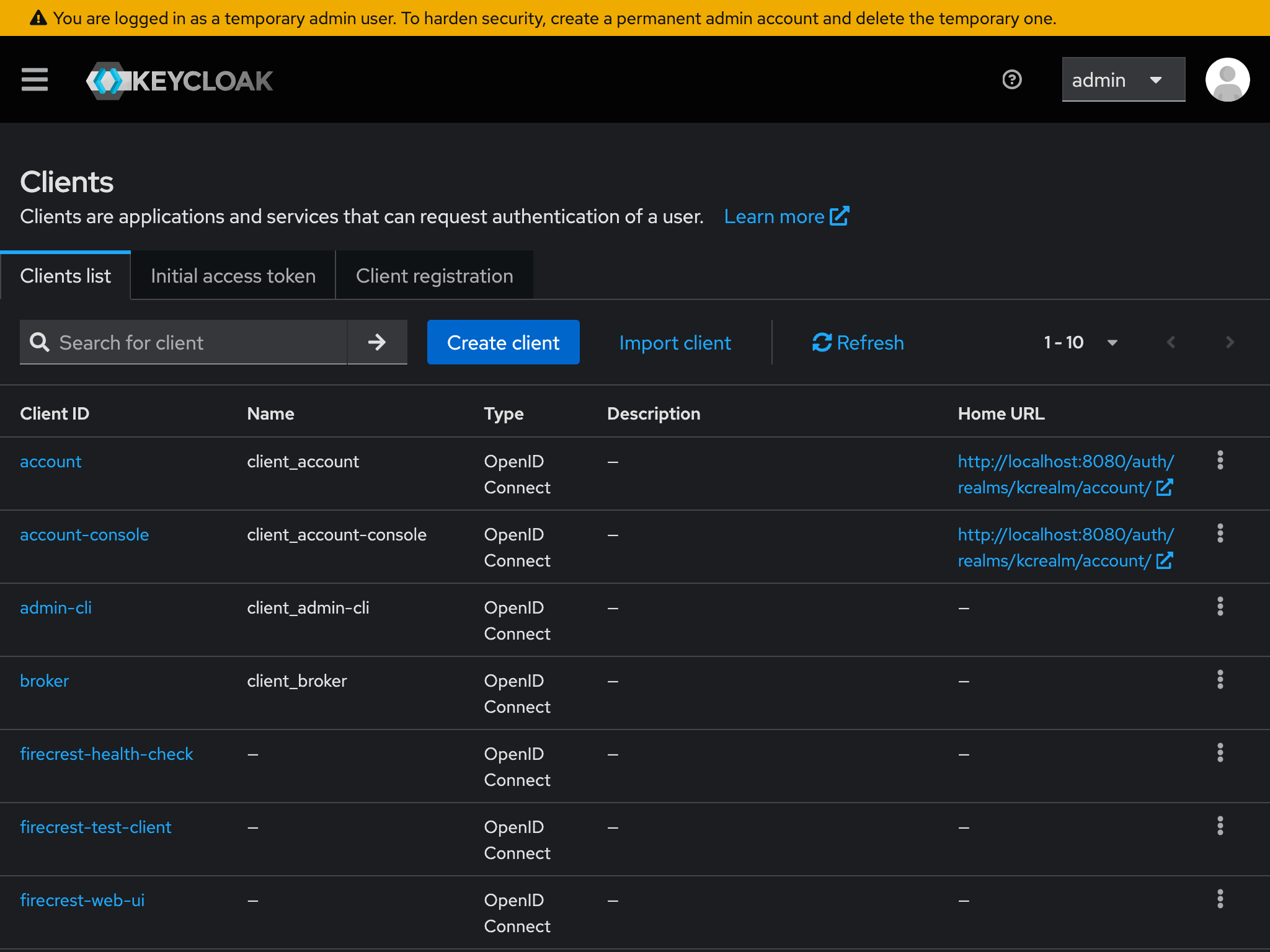Screenshot of web browser showing list of clients configured for the realm "kcrealm"