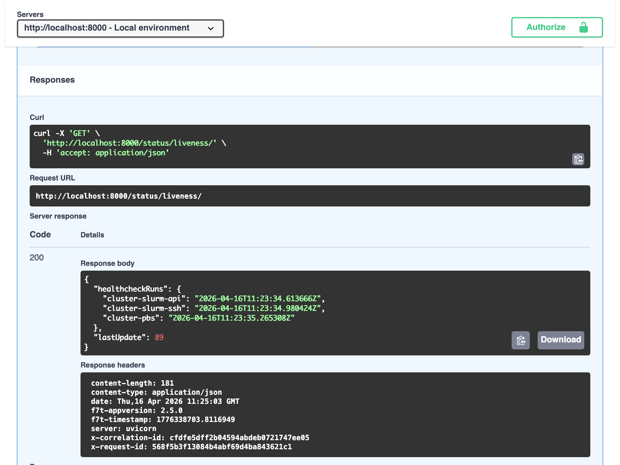 Screenshot of web browser showing response from /status/liveness endpoint in FirecREST Swagger UI