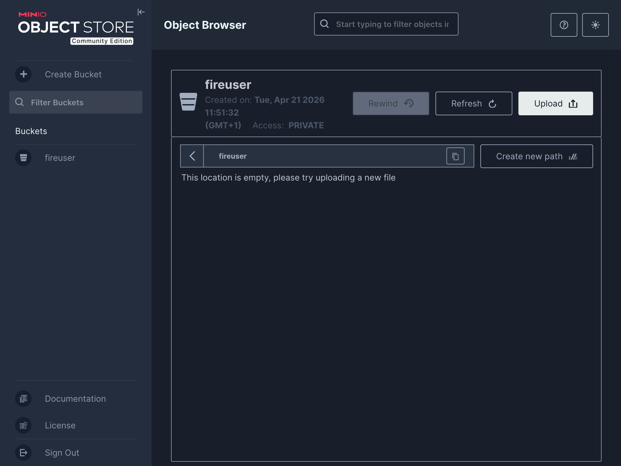 Screenshot of web browser showing list of buckets available in MinIO instance